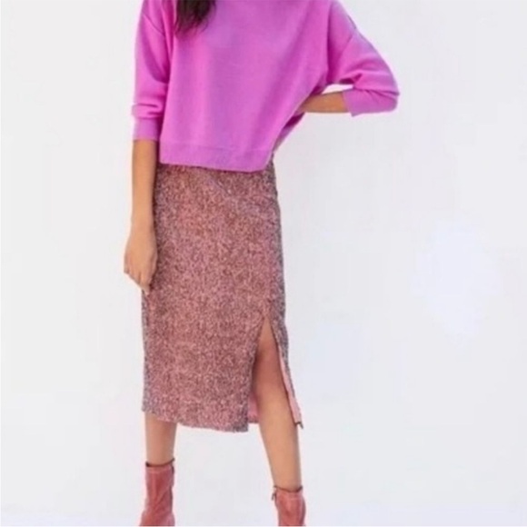Anthropologie Maeve Rose Pink Alicia Sequined Midi Skirt Side Slit L - Picture 1 of 13